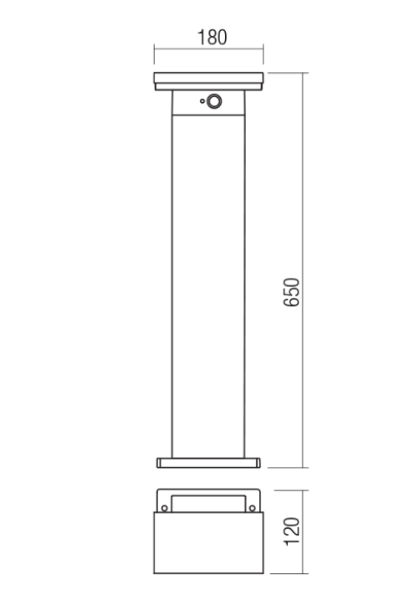 Технически чертеж на соларния LED градински стълб Taiyo Bollard с размери.