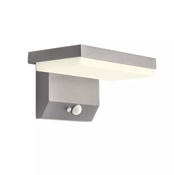 Taiyo Wall Lamp – соларен LED аплик с 2W мощност, IP54 защита и вграден сензор за движение, наличен в тъмносиво.