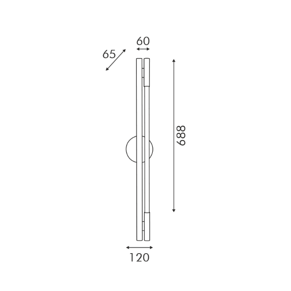 Технически чертеж с размери на LED стенна лампа MALPO (L11.5 x W6.5 x H80cm).