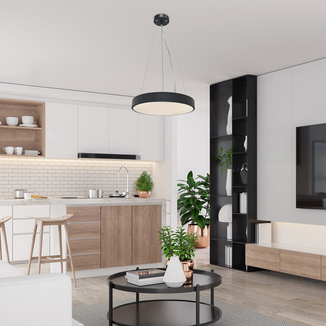 LED пендел Tesia, черен корпус и бял абажур, интериорно приложение
